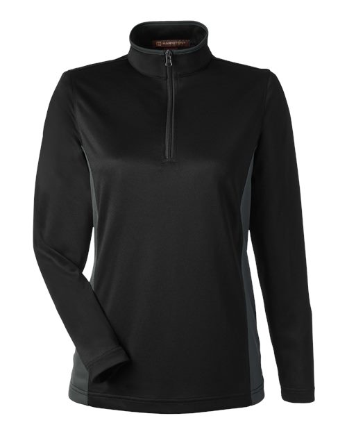 Harriton Women's Flash Snag Protection Plus IL Colorblock Quarter-Zip Pullover — Black/ Dark Charcoal — Front