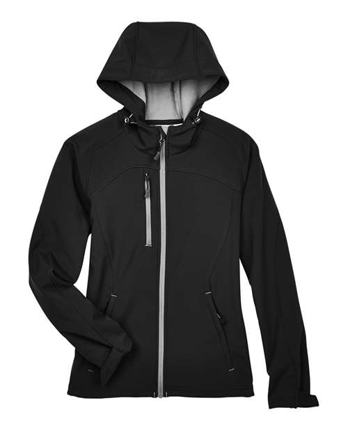 North End Women's Prospect Two-Layer Fleece Bonded Soft Shell Hooded Jacket — Black — Front