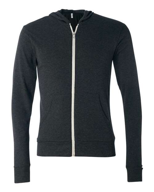 Unisex Triblend Lightweight Full-Zip Hooded Long Sleeve Tee