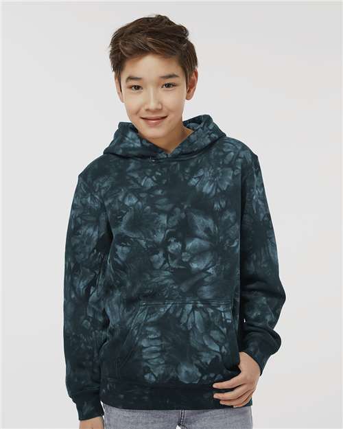 Independent Trading Co. Youth Midweight Tie-Dyed Hooded Sweatshirt — Tie Dye Black — On model · front