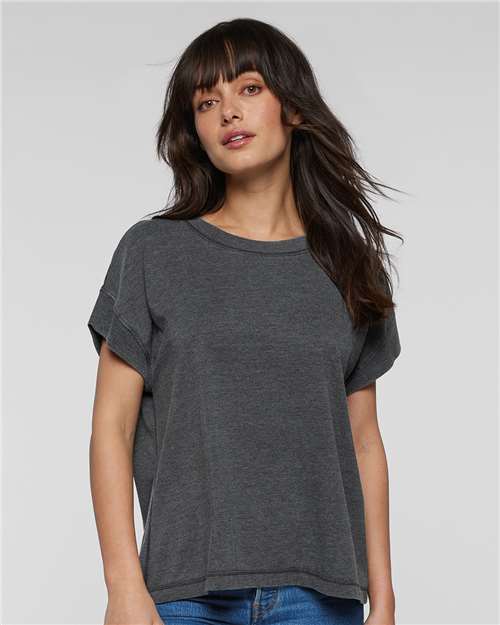 LAT Women's Relaxed Vintage Wash Tee — Washed Black — On model · front