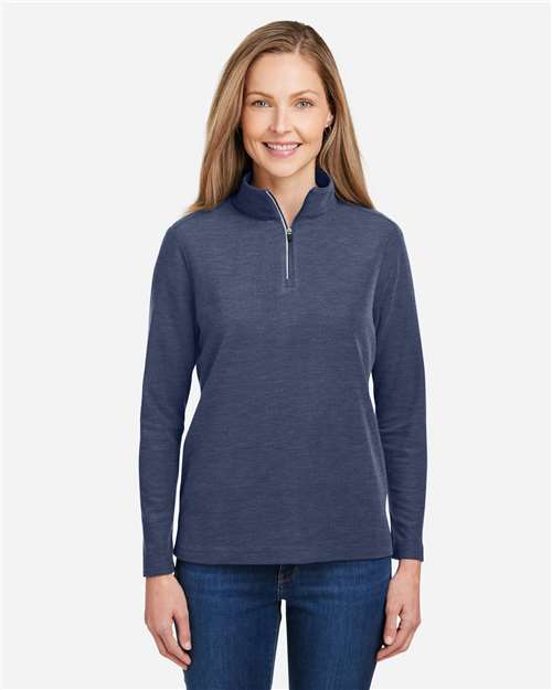 CORE365 Women's Fusion ChromaSoft™ Pique Quarter-Zip Pullover — Classic Navy Heather — On model · front