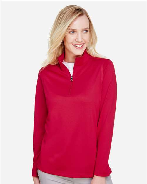 Harriton Women's Advantage Snag Protection Plus Quarter-Zip Pullover — Red — On model · front