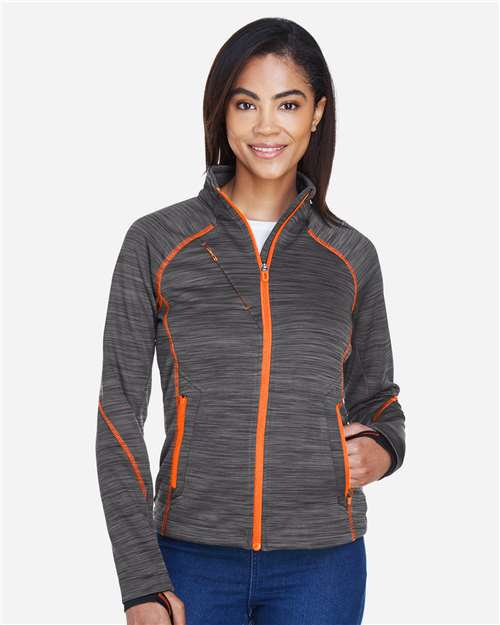North End Women's Flux Mélange Bonded Fleece Jacket — Carbon/ Orange Soda — On model · front