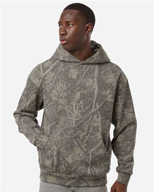 Independent Trading Co. Unisex Boulevard Heavyweight Hooded Sweatshirt — Deadwood Tree Camo — On model · front